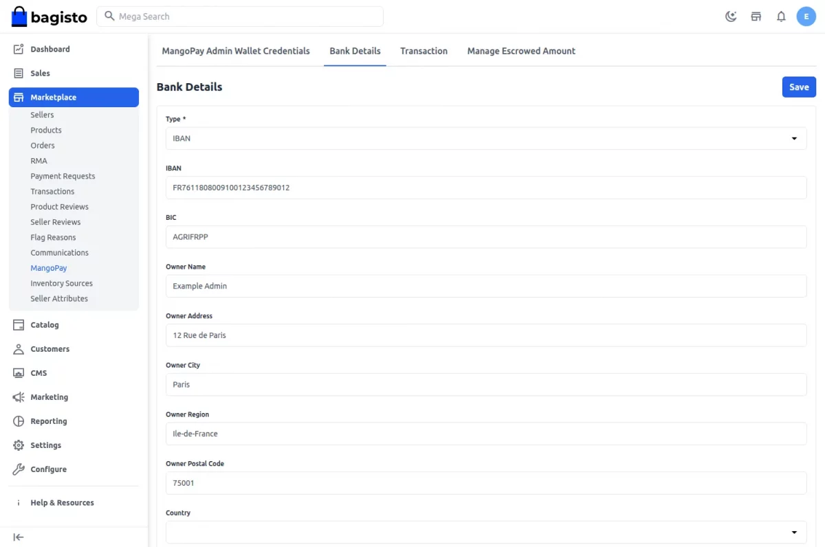 Bagisto Marketplace MangoPay Payment Gateway Admin Bank detail