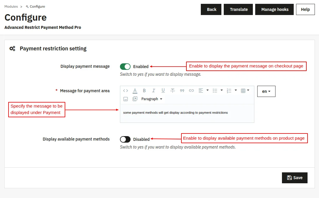 Payment Restrictions Configuration