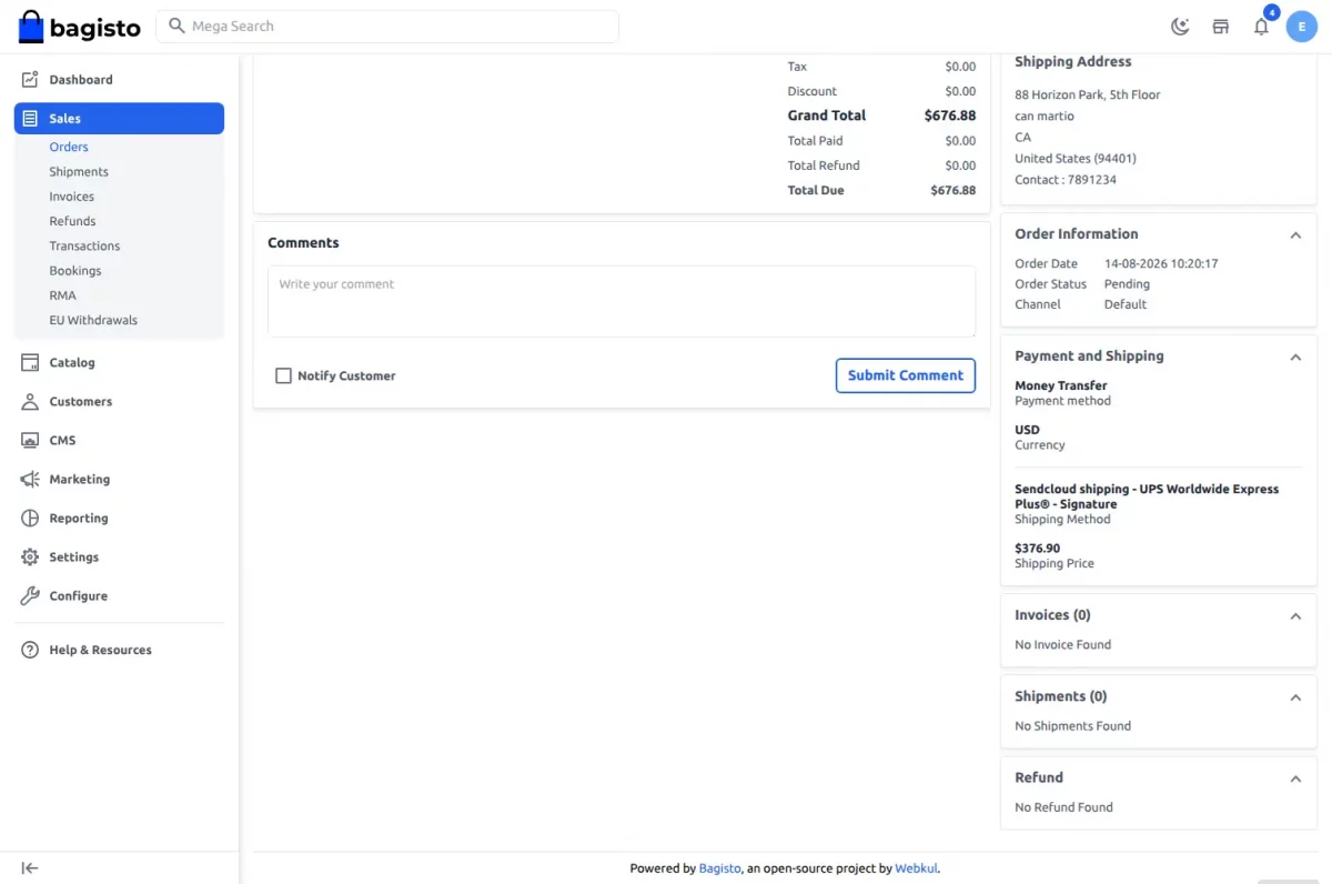 Order details with shipping info