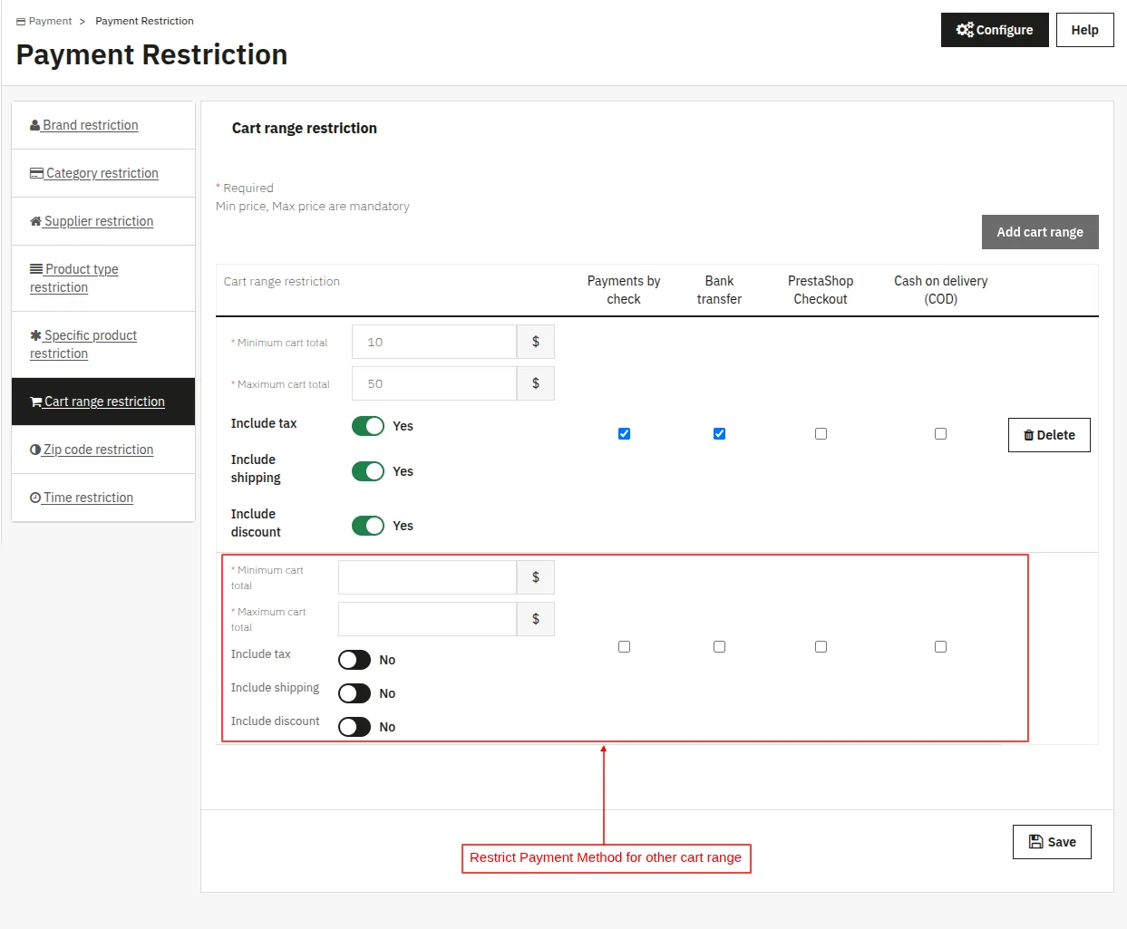 Restrict Payment Method for other cart ranges
