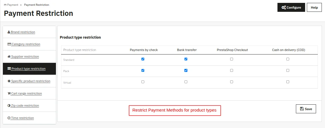 Payment Restrictions by products