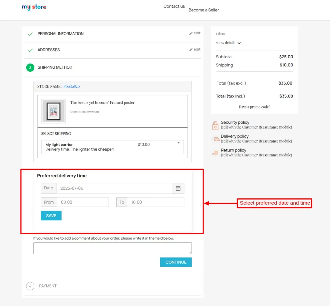 select delivery date and time