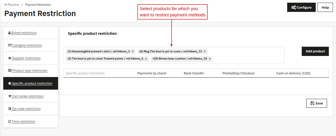 Specific Products payment restriction