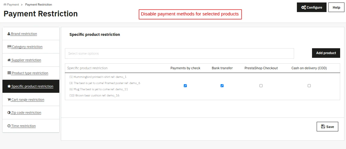 Disable Payment Methods for specific Products
