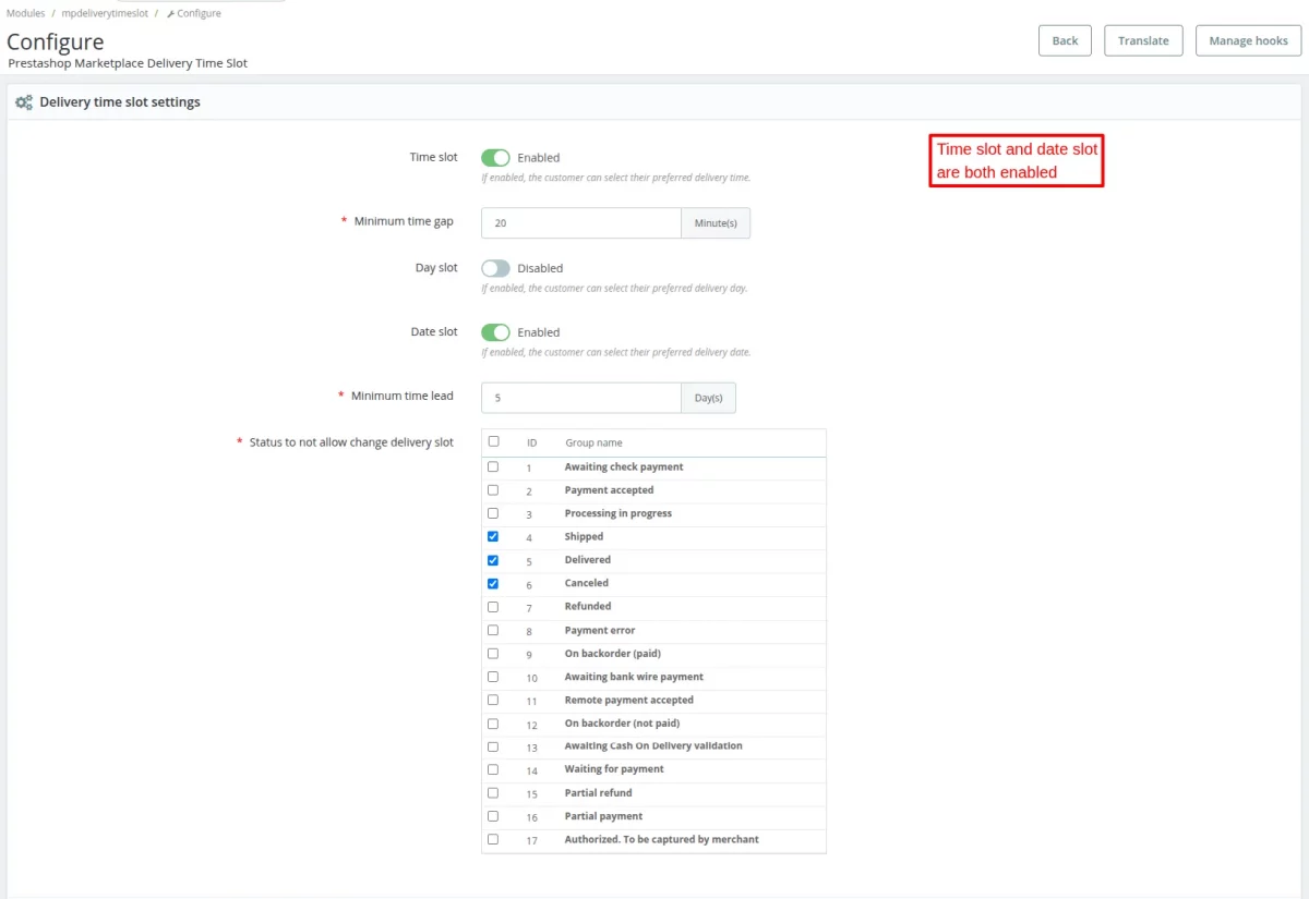 delivery time slot settings