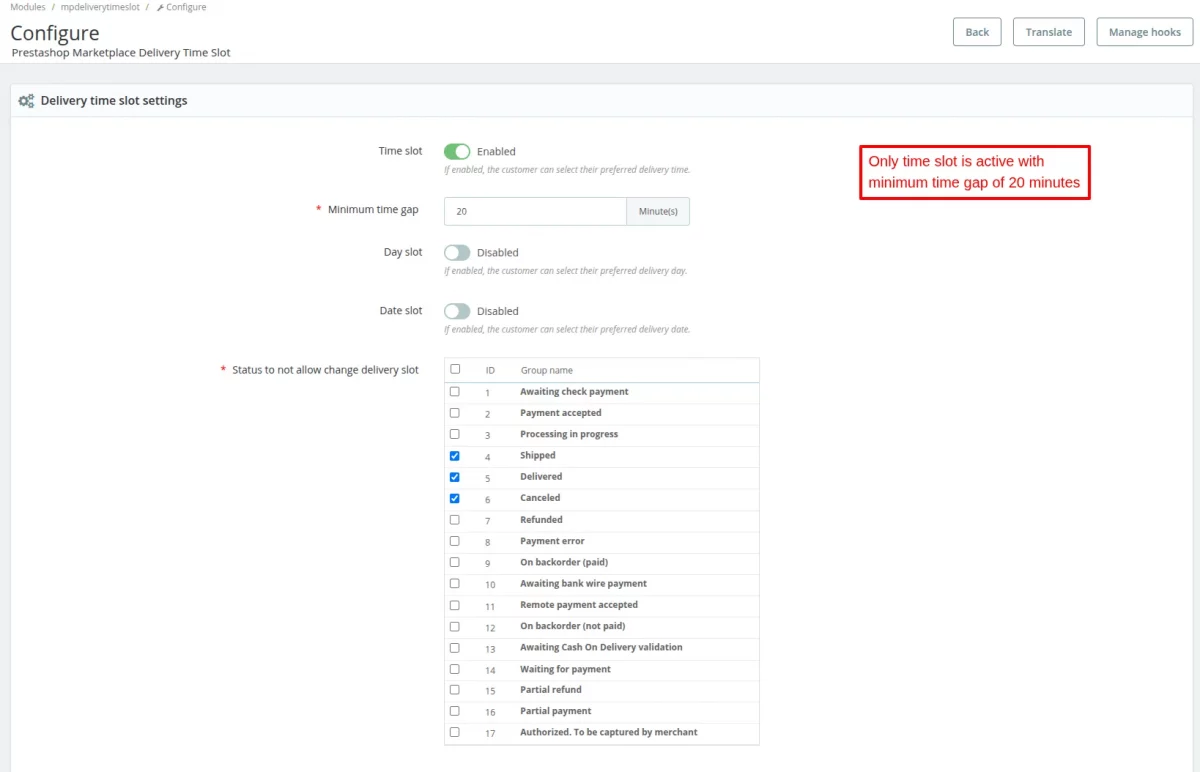 delivery time slot settings