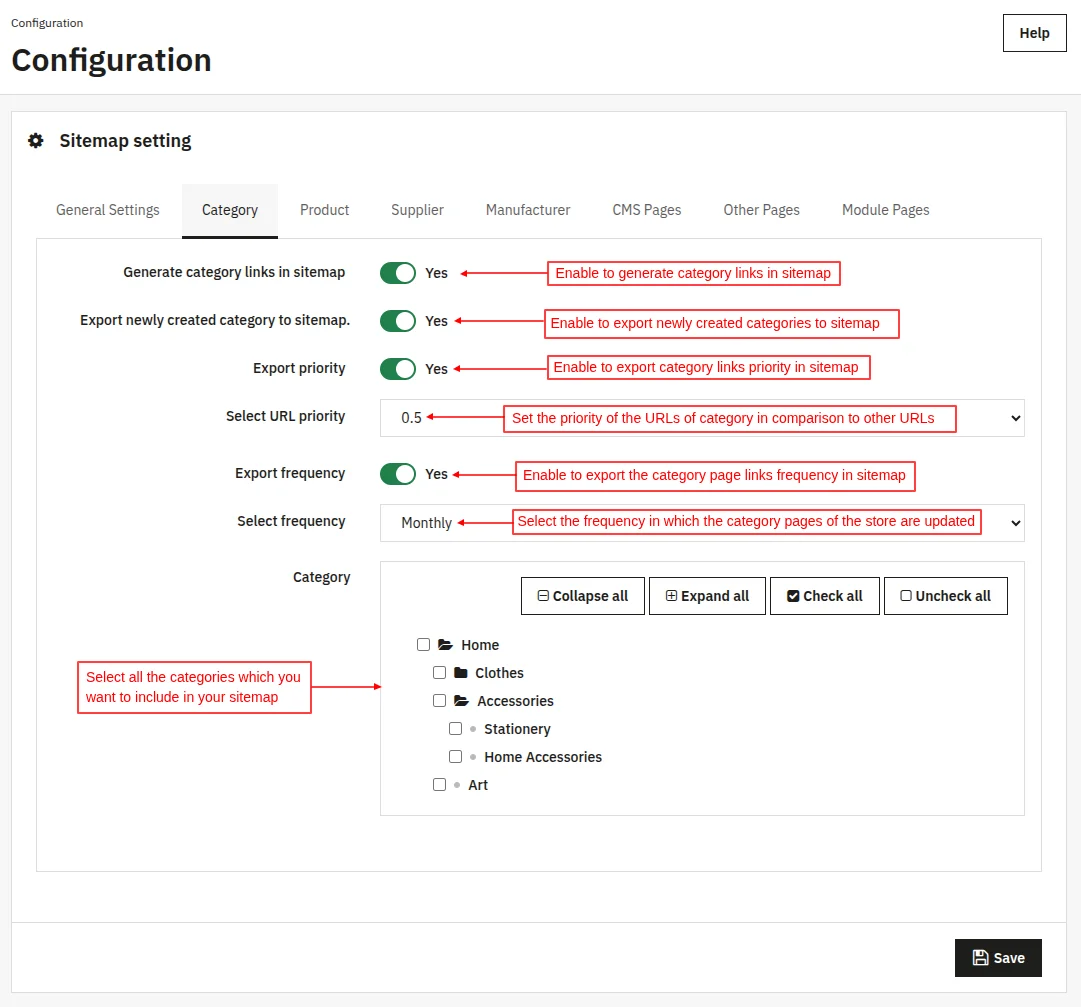 Configure category page settings for sitemap generation