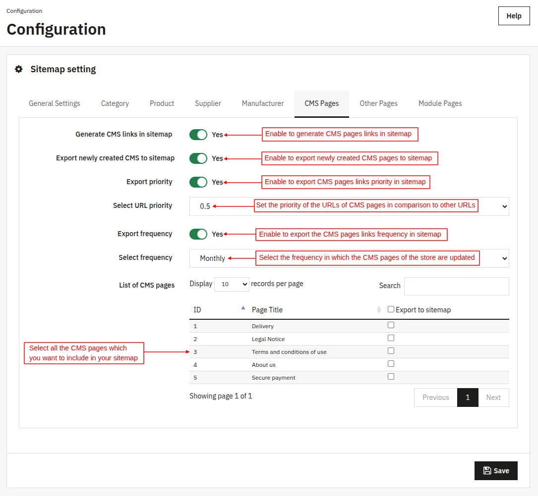 Configure CMS page settings for sitemap generation