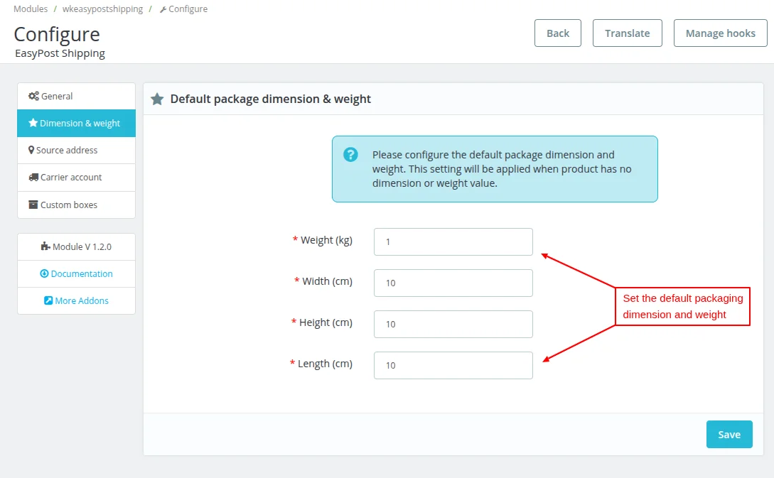 Dimension & Weight settings