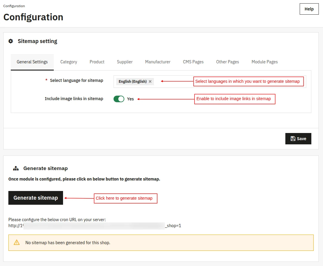 Configure general settings of PrestaShop Sitemap Generator module