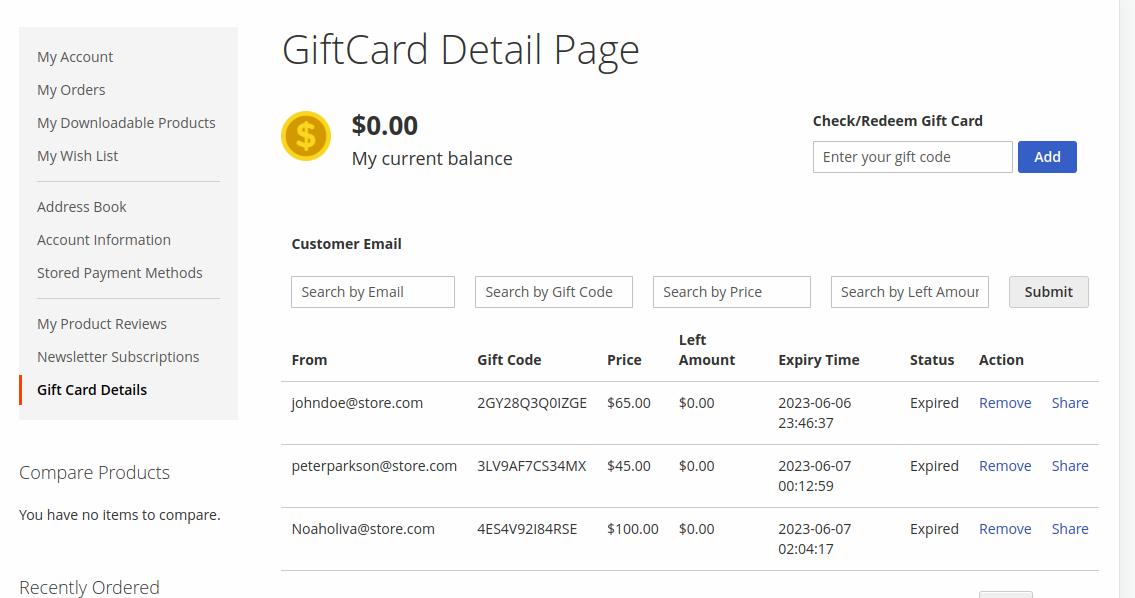 gift card order detail