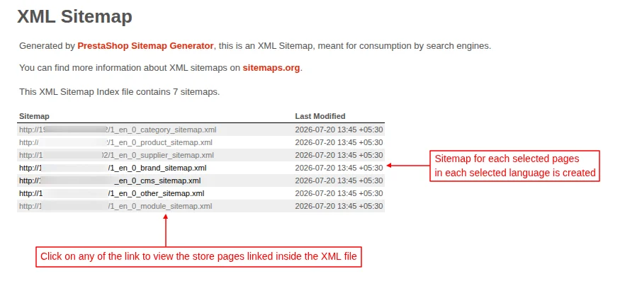 Sitemap indexing of a website according to the configuration settings