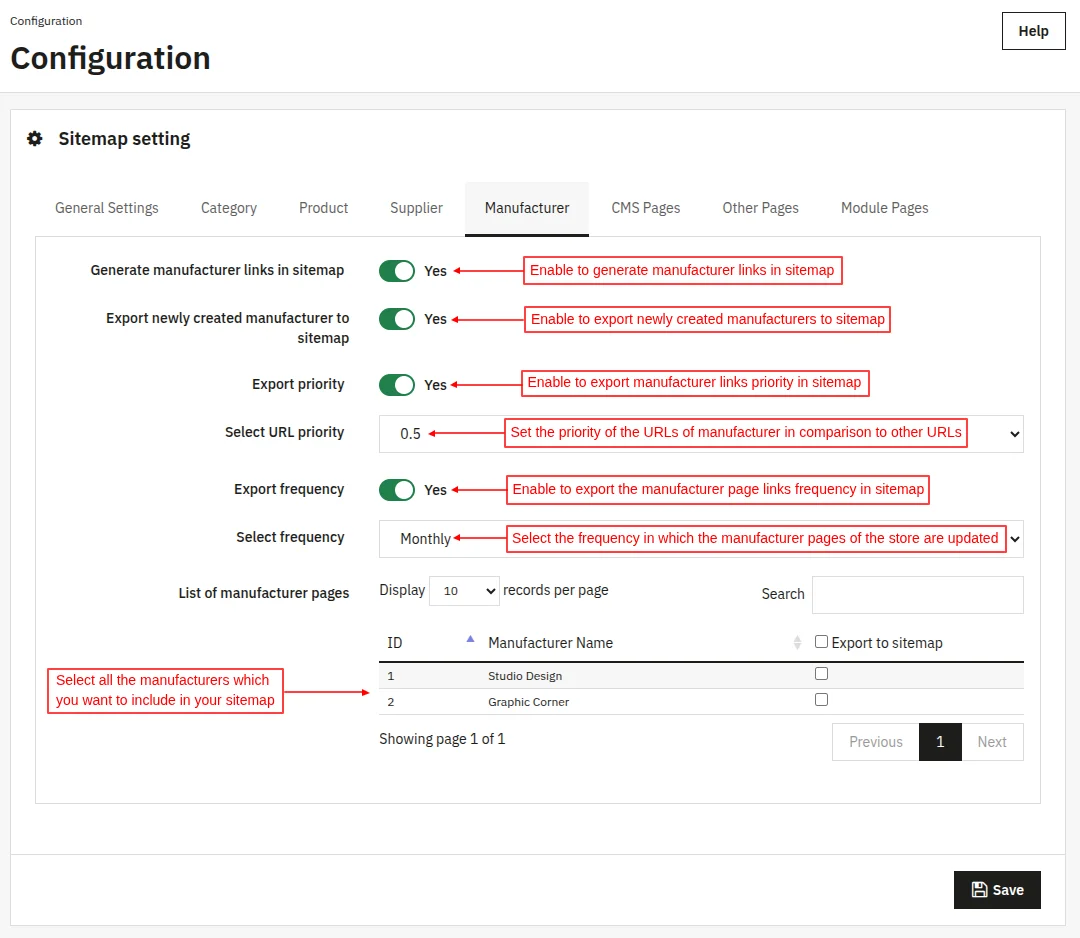 Configure manufacturer page settings for sitemap generation