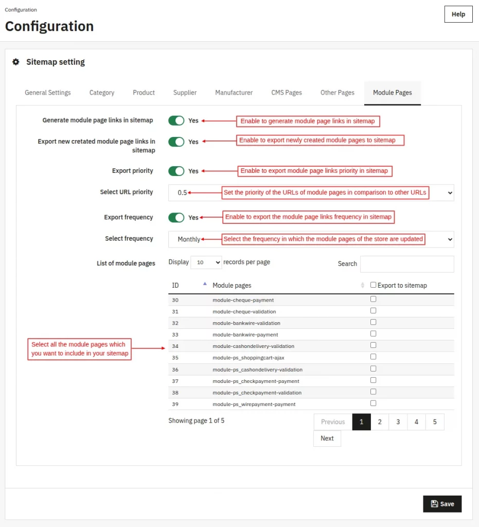 Configure module page settings for sitemap generation
