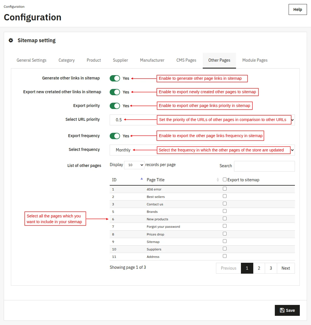 Configure other page settings for sitemap generation