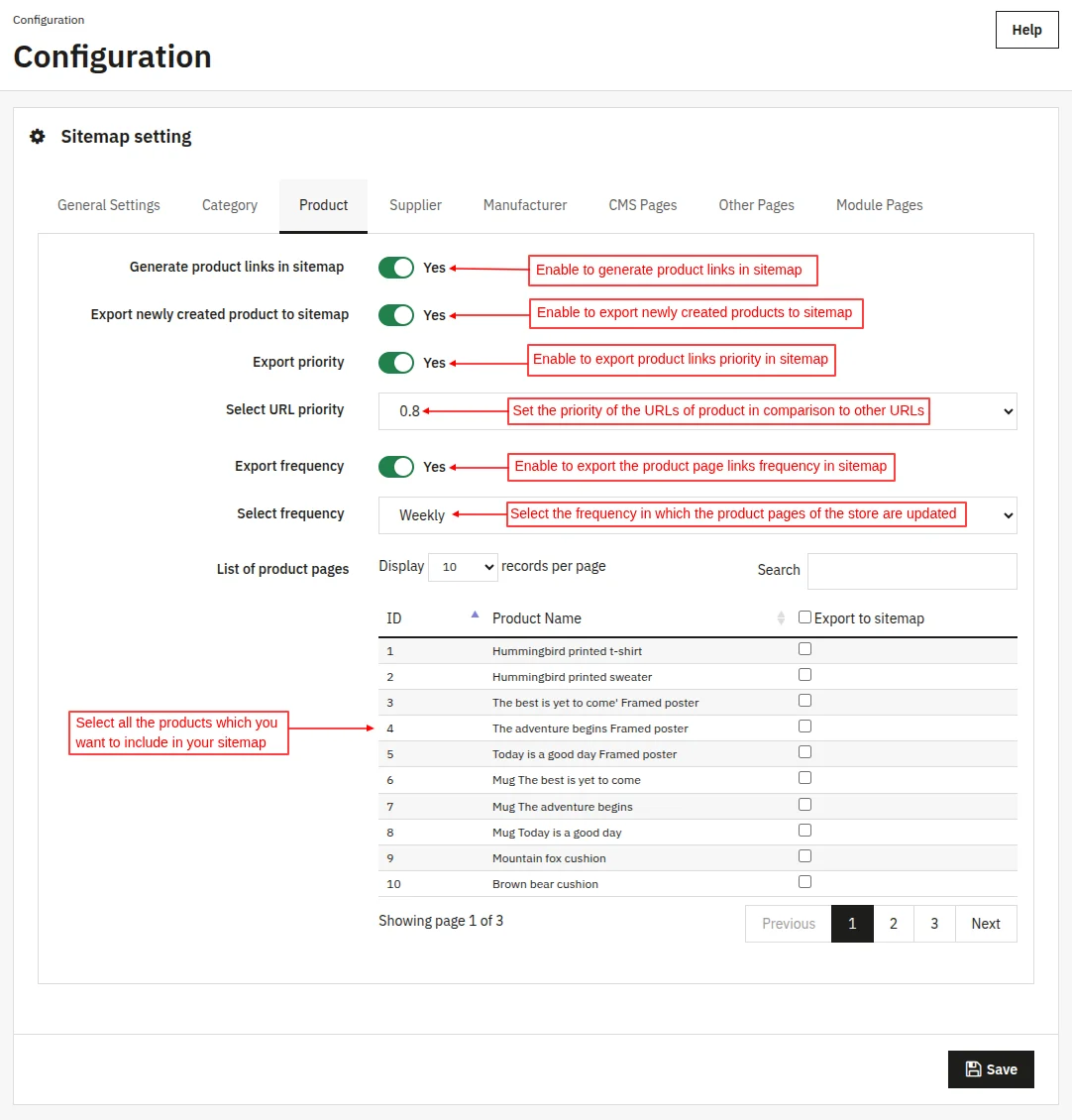 Configure product page settings for sitemap generation