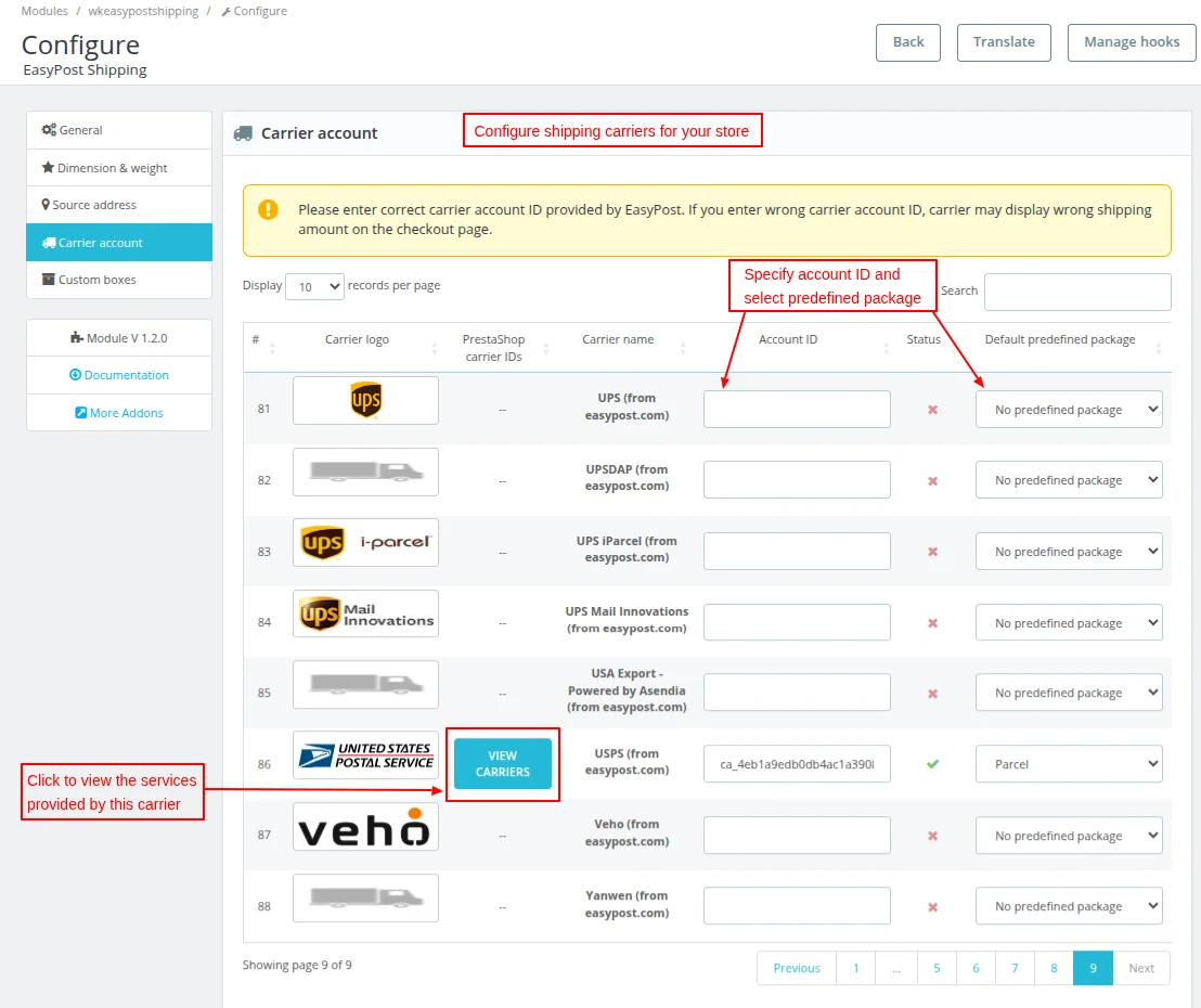 Shipping Carriers configuration page