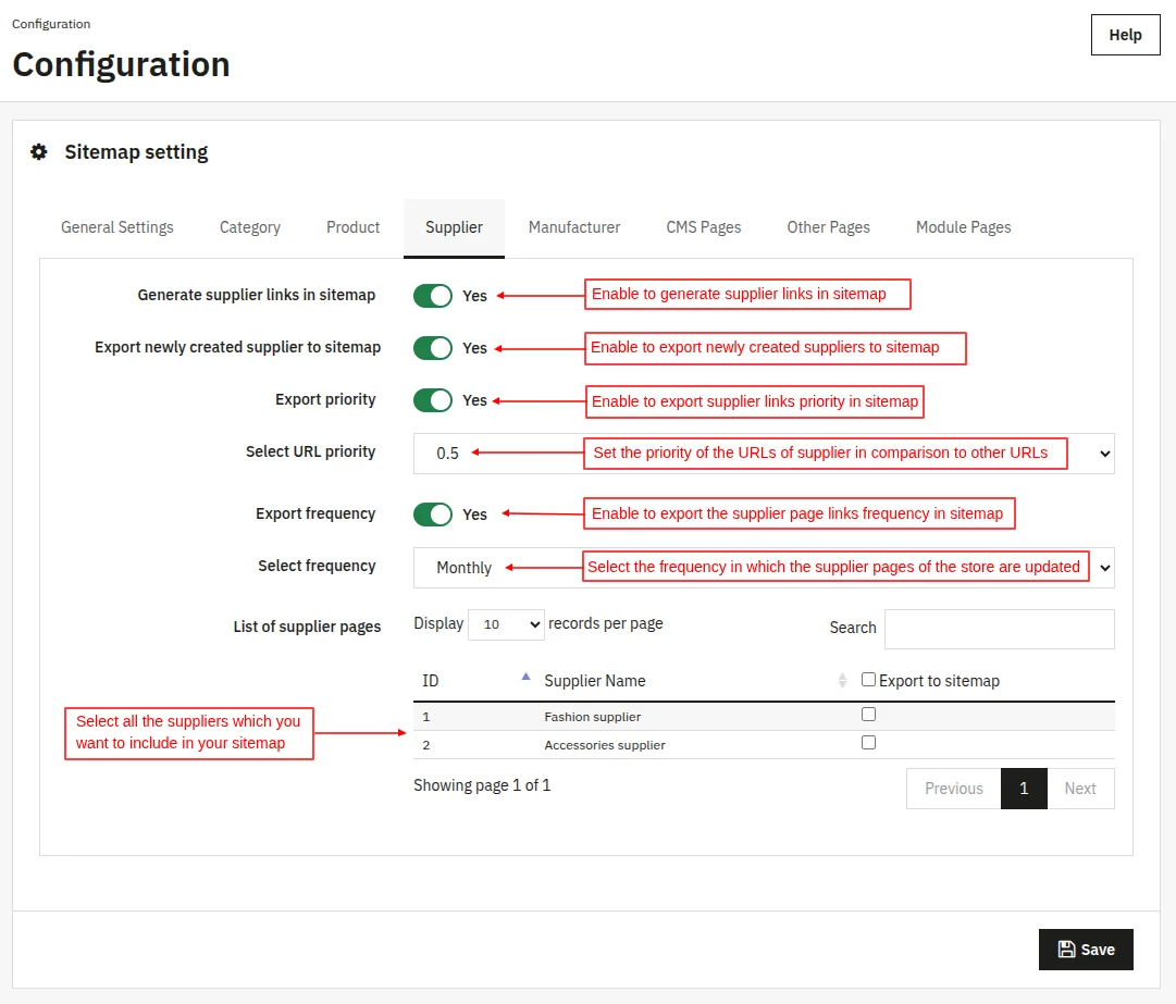 Configure supplier page settings for sitemap generation