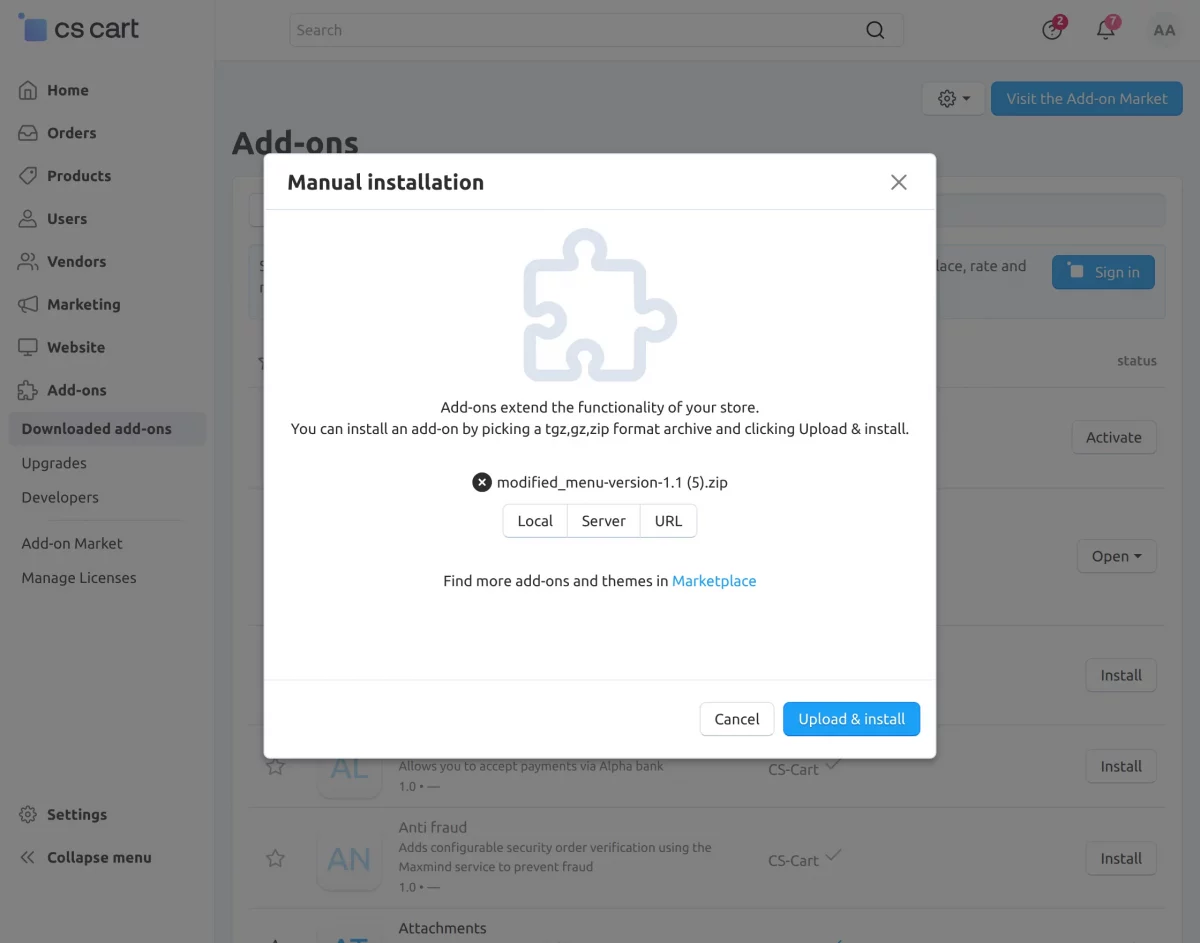 upload the zip file