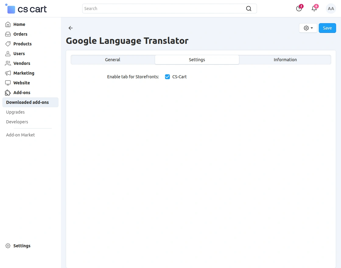 setting of the add-on