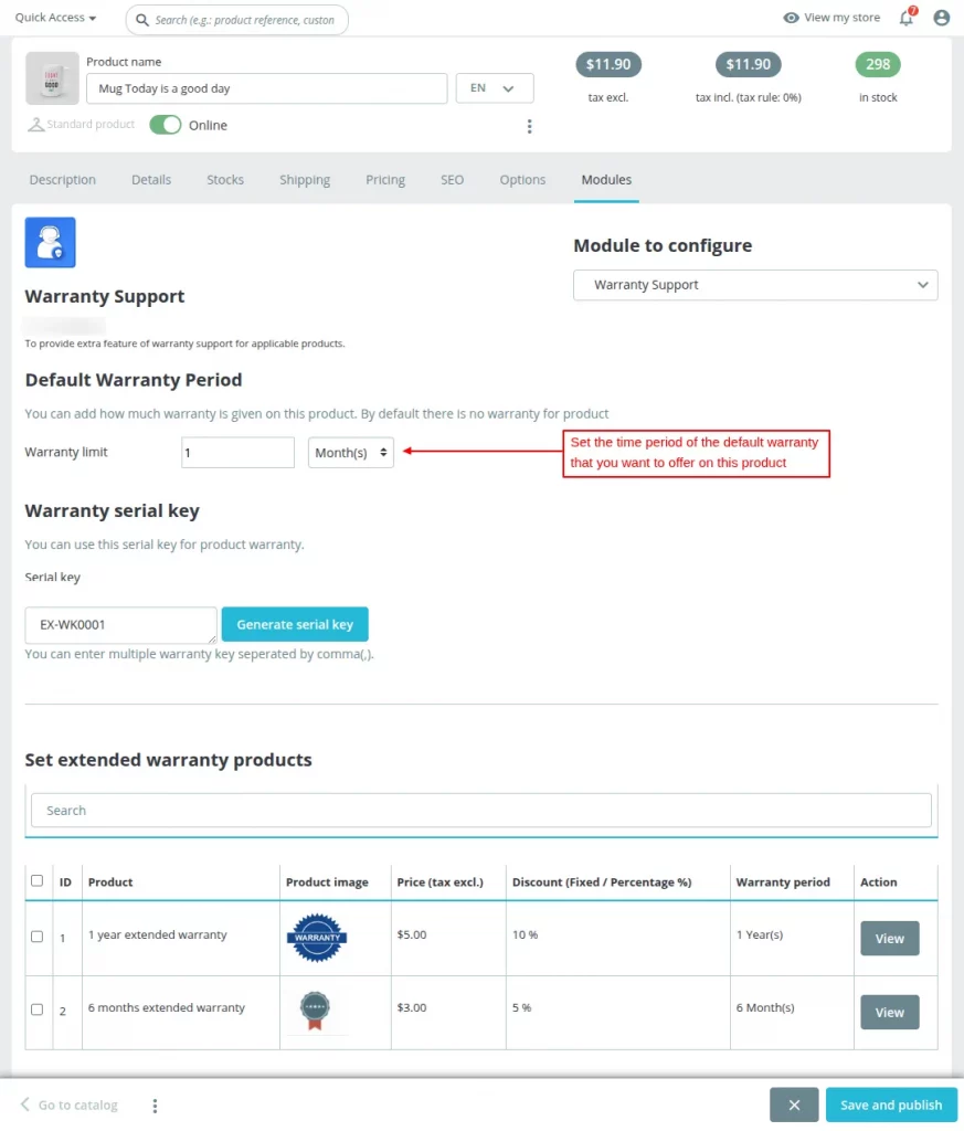 Set default warranty