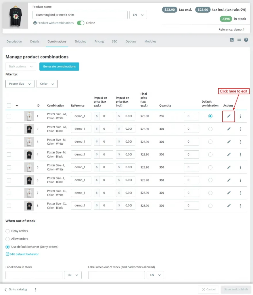 Edit Product Combination