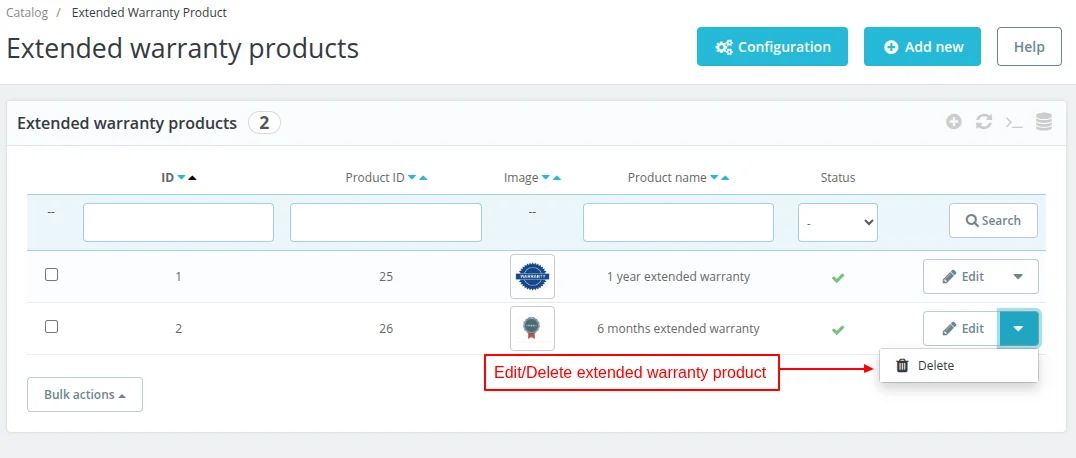 Edit or delete extended warranty products