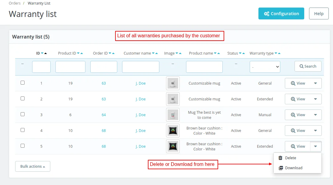 List of all warranties purchased by customer