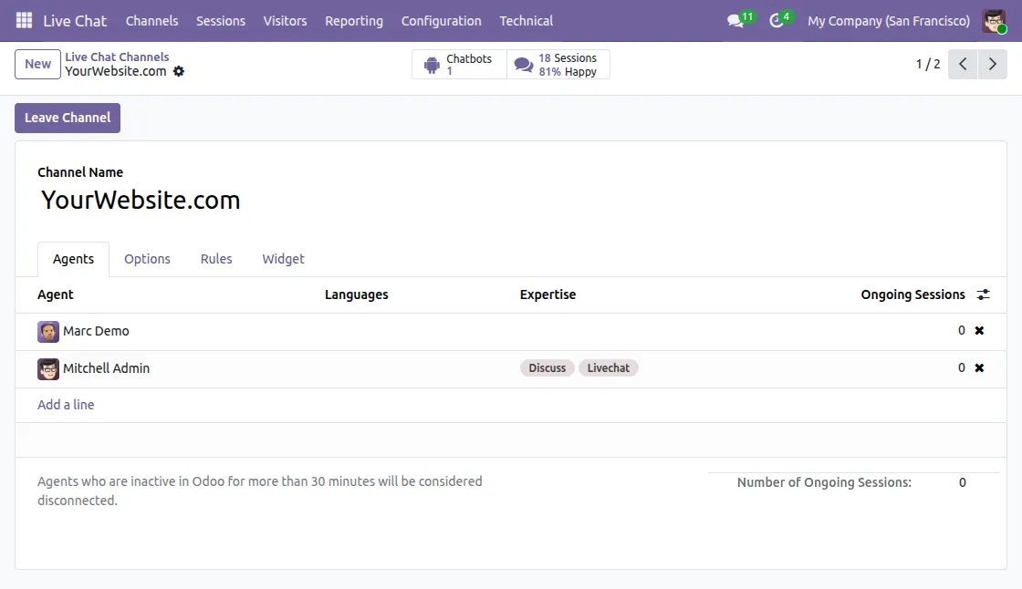 Live chat channel configuration