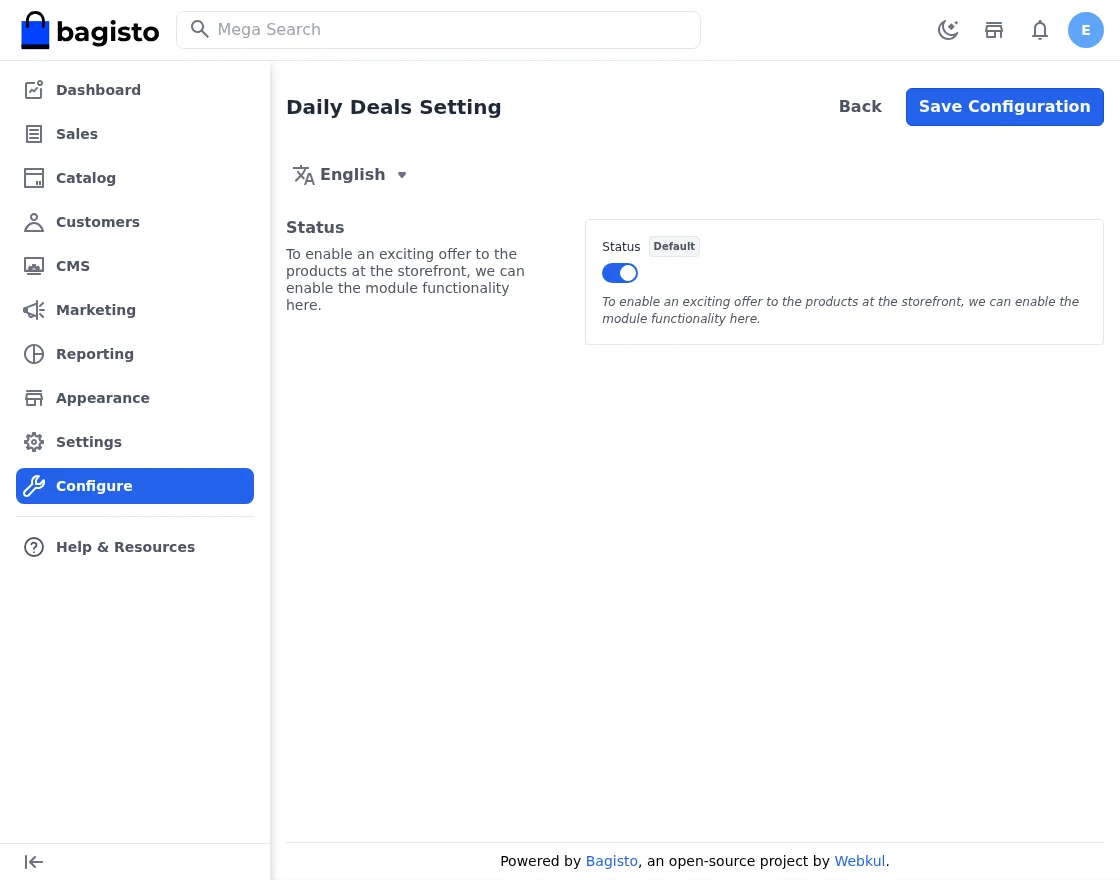 Bagisto Daily Deal extension configuration status switch in the admin panel