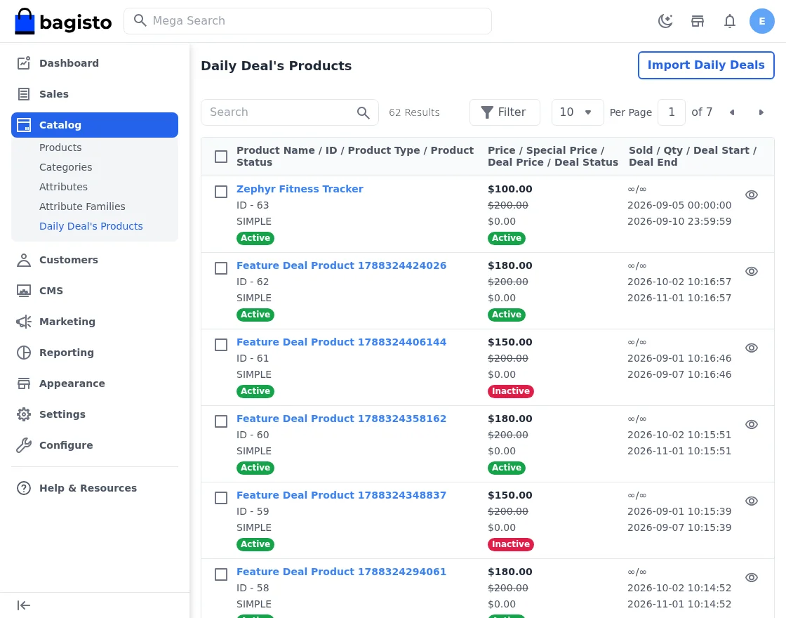 Daily deals products grid in the Bagisto admin panel