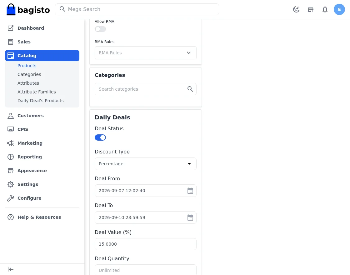 Daily deals panel on the product edit page in Bagisto