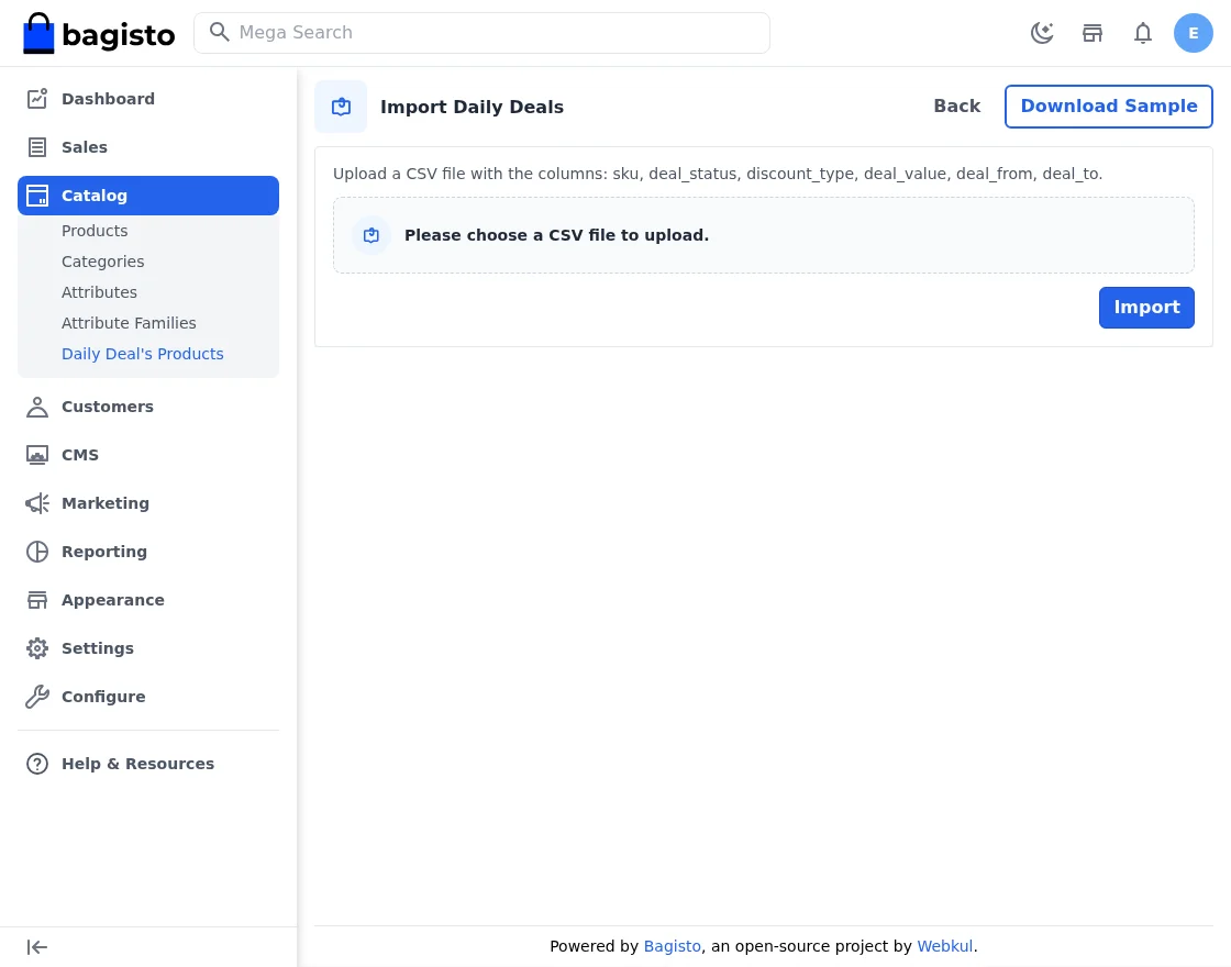 CSV import screen for bulk deal creation in Bagisto