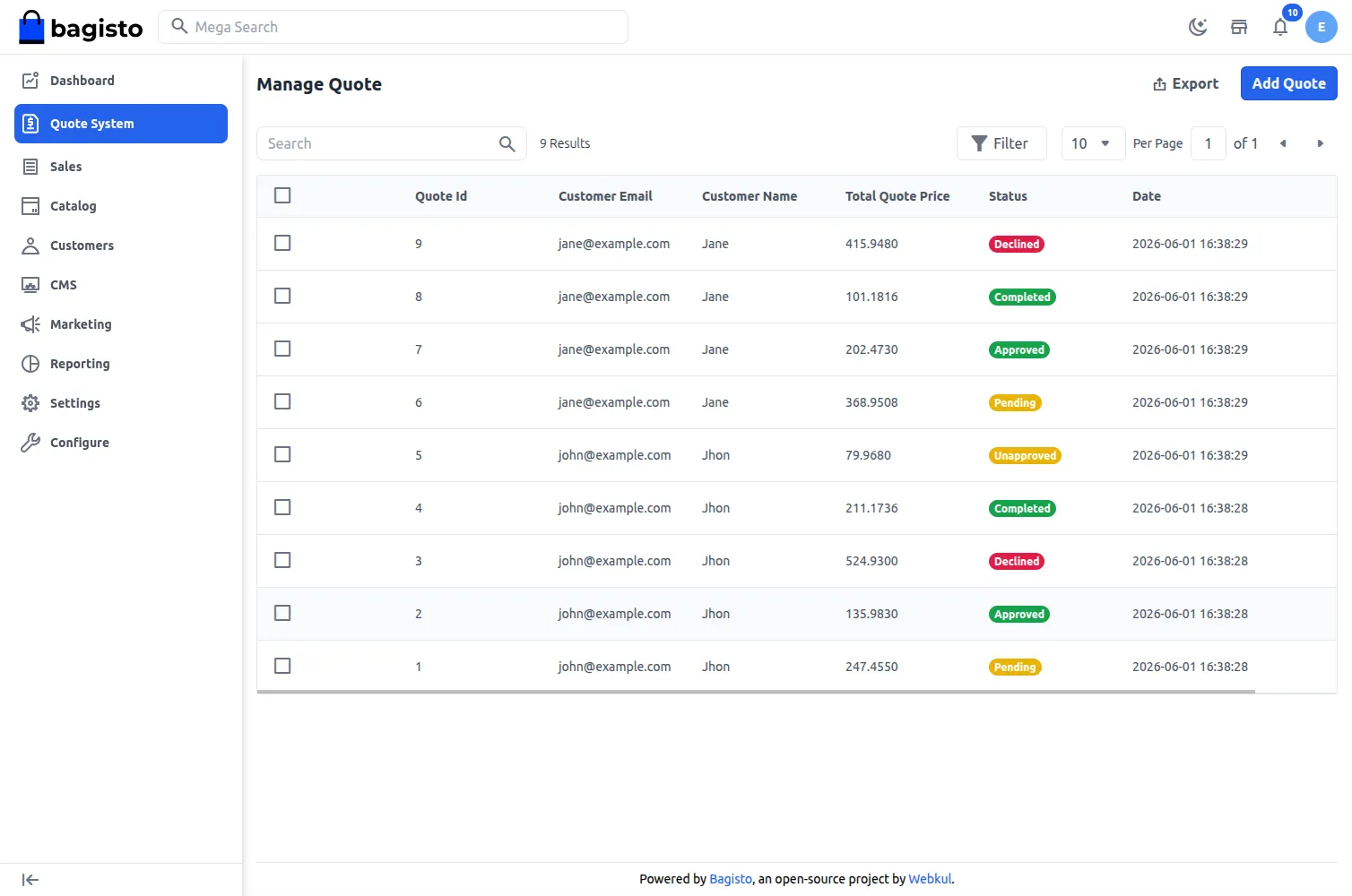 admin manage quotes list