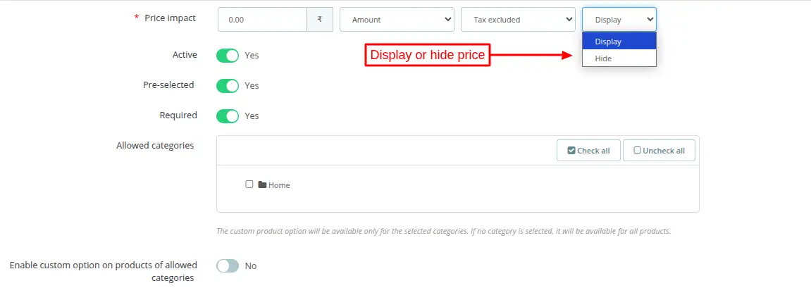 display or hide price