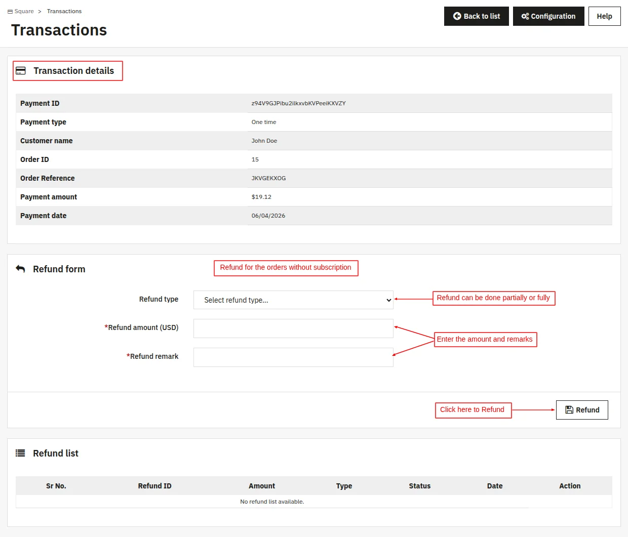 Transaction details of a normal payment