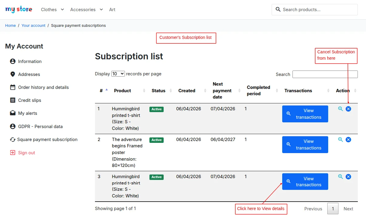 List of customer subscriptions