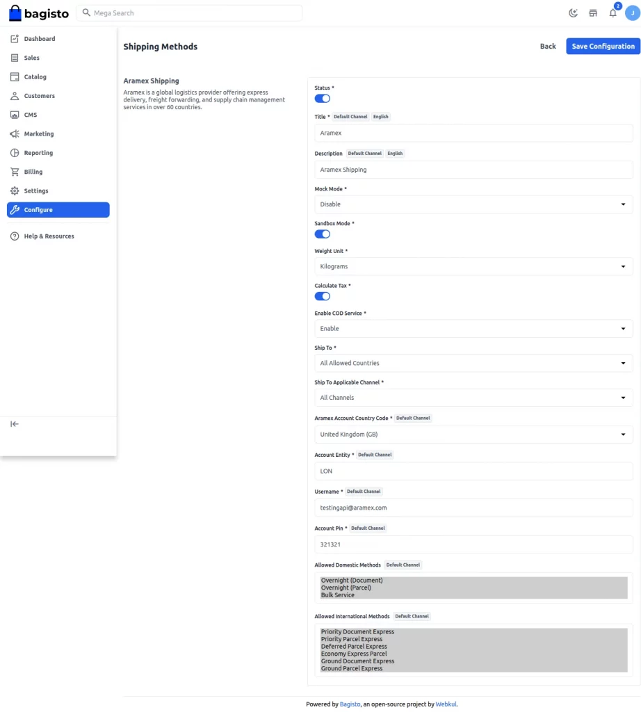 Aramex SaaS account credentials configuration fields
