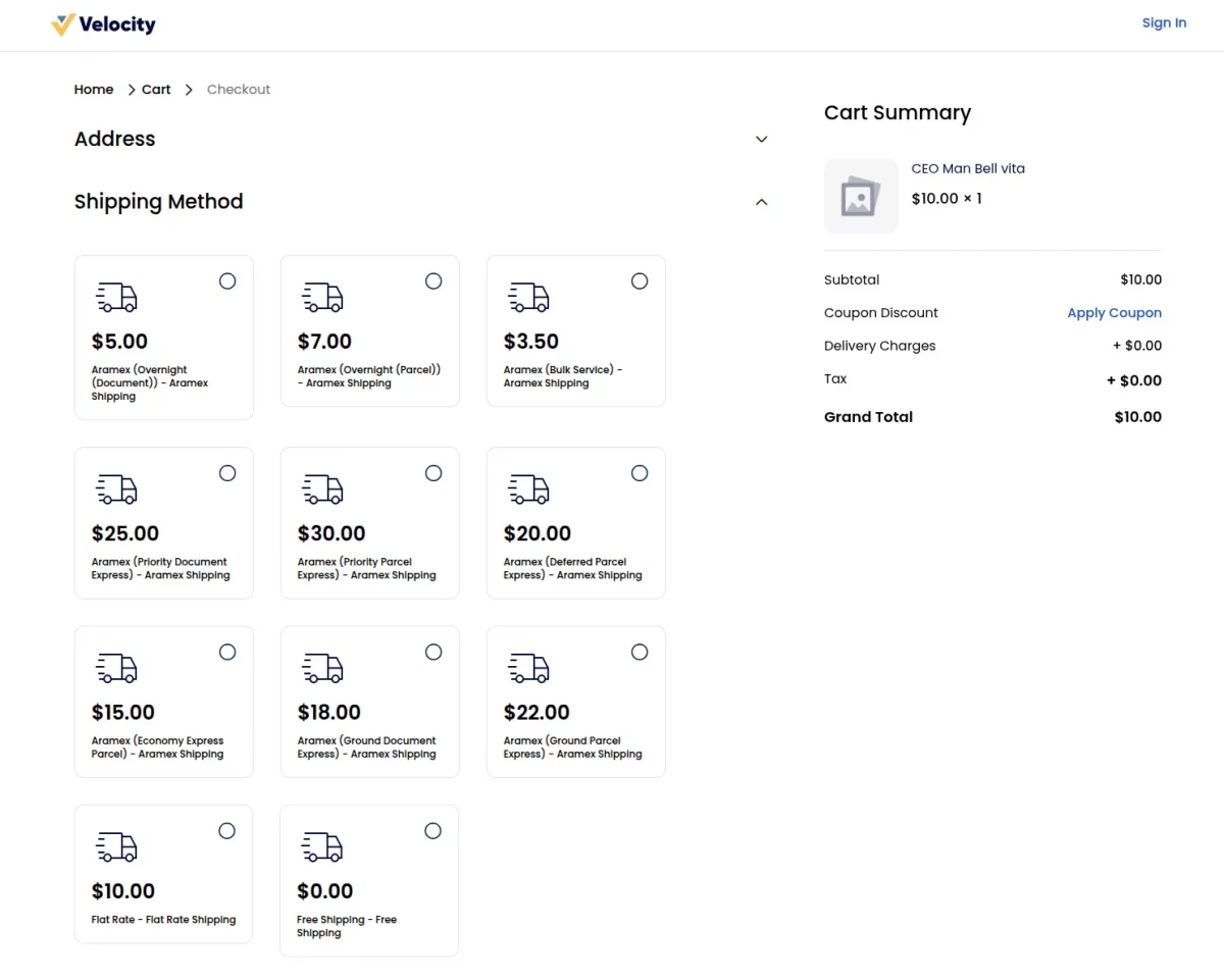 Aramex shipping methods displayed during Bagisto checkout