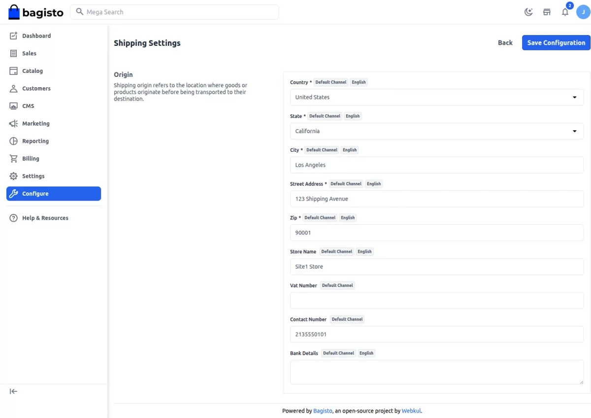 Aramex SaaS shipping origin configuration settings