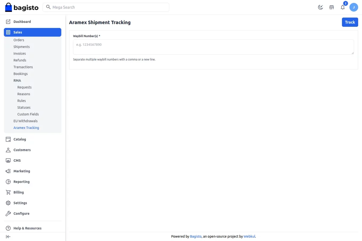 Aramex SaaS shipment tracking form in the admin panel