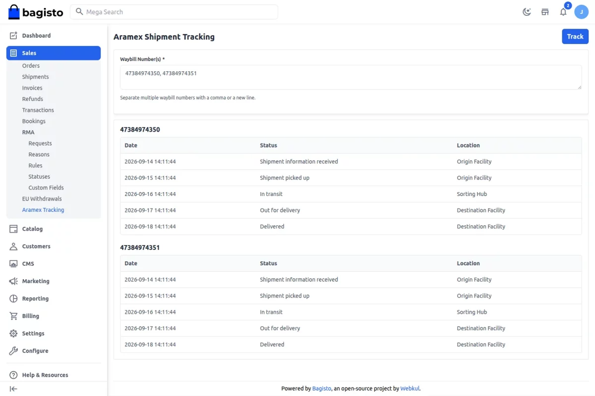 Aramex SaaS shipment tracking results and delivery status