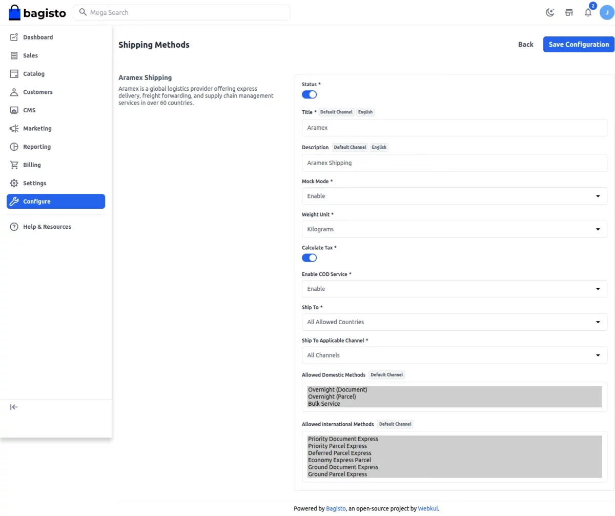 Complete Aramex SaaS shipping configuration form