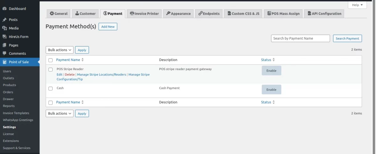 pos payment method setting