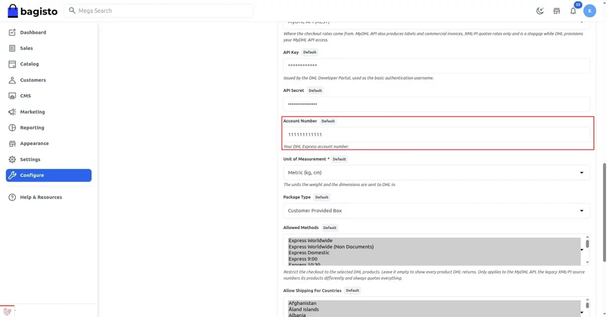 DHL account number configuration settings