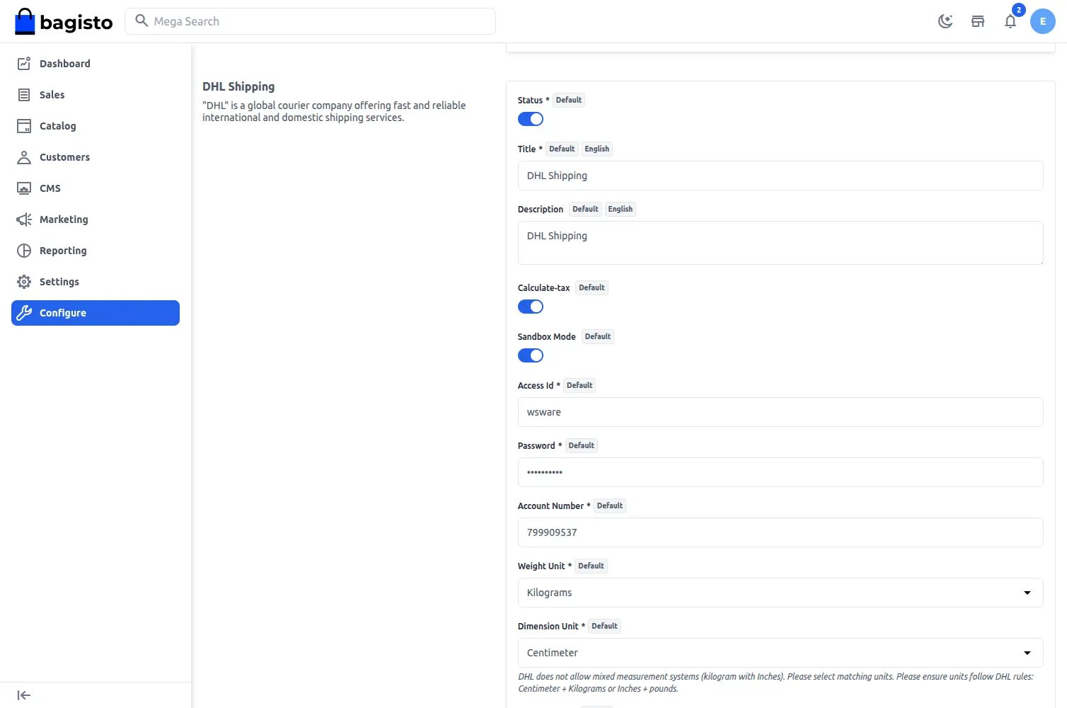dhl shipping settings