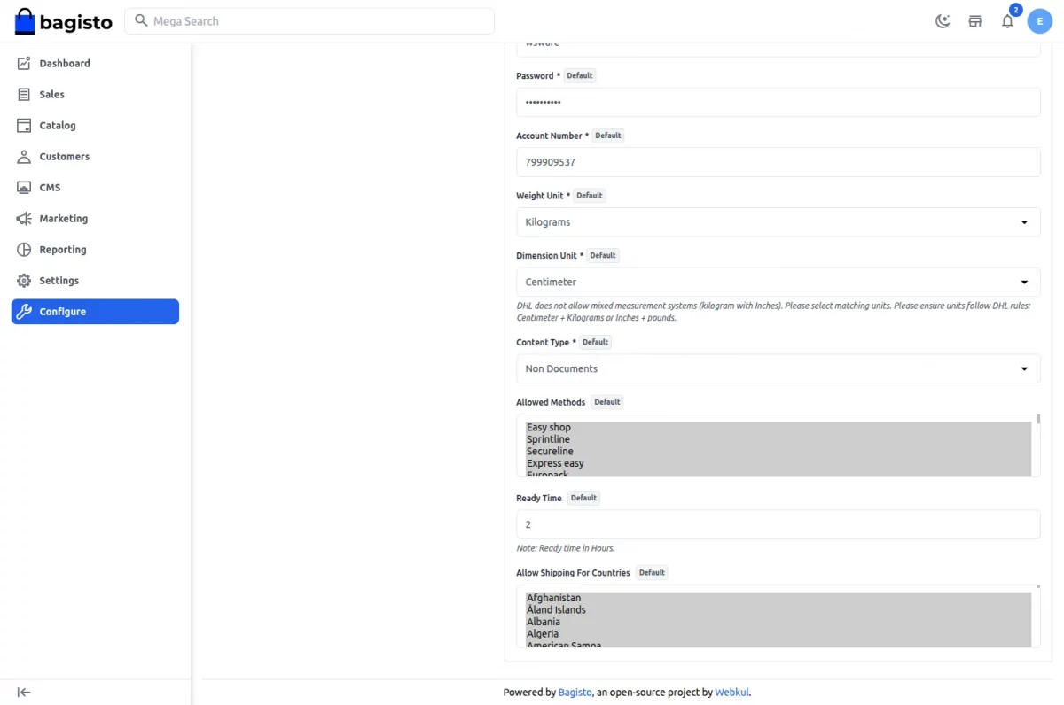 dhl shipping settings configurations