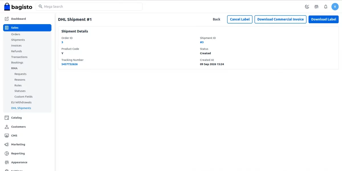 DHL Shipment Details page with Download Label and Commercial Invoice options