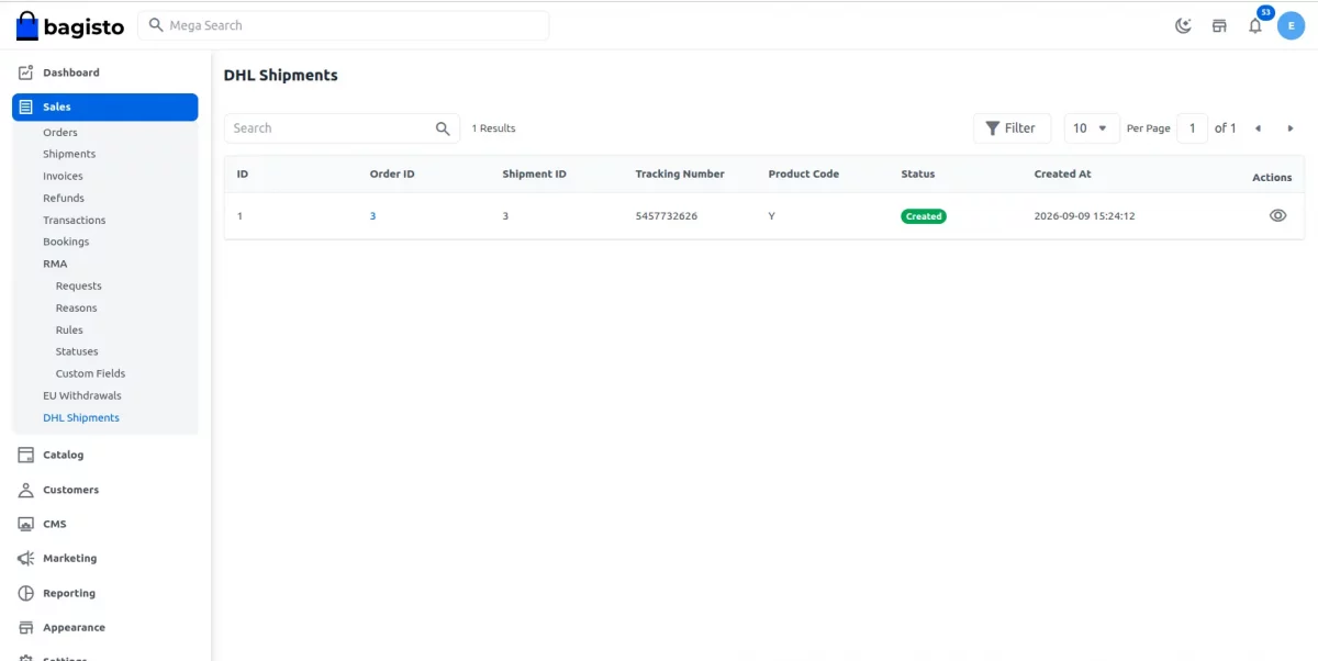 DHL Shipments listing page in the Bagisto admin panel
