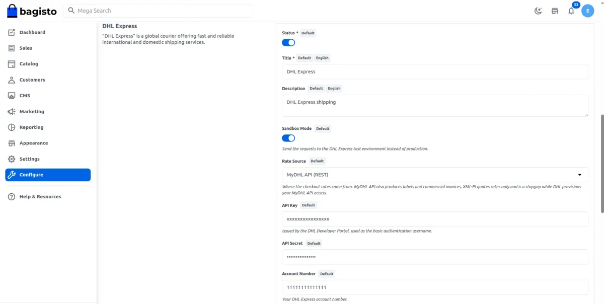 DHL REST API configuration settings